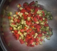 Gurke, Tomate und Paprika gewürfelt mit Frühlingszwiebeln und Knoblauch